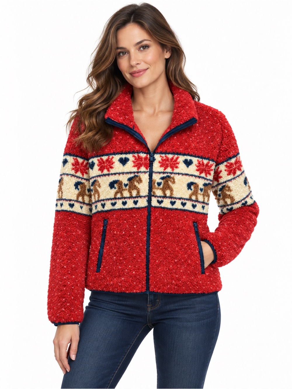Women’s Red Sherpa Zip Jacket with Festive Nordic Band